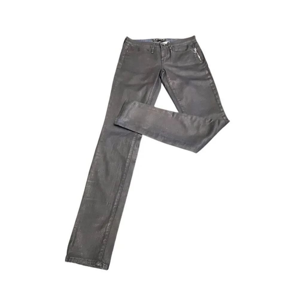 Calvin Rucker Womens Heartbreaker Zipper Skinny Jeans Coated Black Denim Size 28